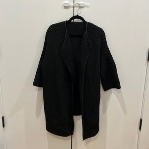 VINCE YAK WOOL OPEN KNIT SWEATER CARDIGAN JACKET LEATHER TRIM BLACK XS